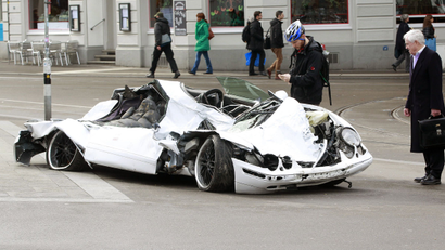 A crushed Mercedes car