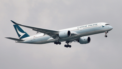 A Cathay Pacific Airways airplane in the sky