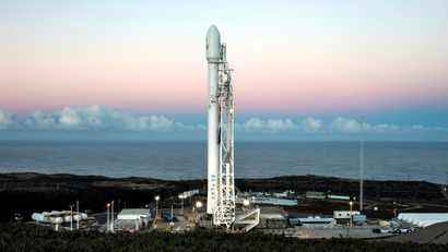 Falcon 9 with 10 Iridium NEXT communications satellites at Space Launch Complex 4E at Vandenberg Air Force Base, California.