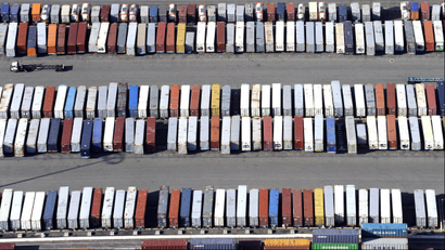 Containers stacked up at the ports of Los Angeles and Long Beach, California.
