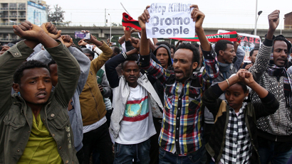 Protesters chant slogans during a demonstration over what they say is unfair distribution of wealth in the country at Meskel Square in Ethiopia's capital Addis Ababa, August 6, 2016.