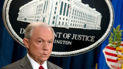 Attorney General Jeff Sessions attends a news conference at the Justice Department in Washington, Friday, Aug. 4, 2017, on leaks of classified material threatening national security.