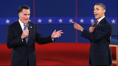 U.S. Republican presidential nominee Mitt Romney (L) and U.S. President Barack Obama speak directly to each other during the second U.S. presidential debate in 2012.