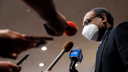 T. S. Tirumurti speaks to media after the United Nations Security Council regarding the situation in Afghanistan