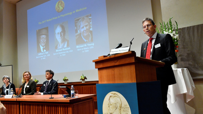 Thomas Perlmann, Secretary of the Nobel Committee for Physiology or Medicine, announces the names of Jeffrey C. Hall, Michael Rosbash and Michael W. Young as winners of the 2017 Nobel Prize in Physiology or Medicine