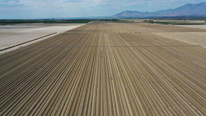 An aerial view shows agricultural fields in Mecca, California