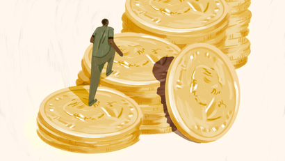 illustration of Black man climbing up stack of coins