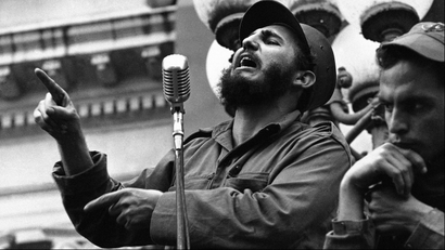 Rebel leader Fidel Castro draws a laugh from the crowd in the street as he makes a speech in Colon, Jan. 7, 1959. Castro is making appearances at many towns as he and his caravan make their way toward Havana. He is expected to arrive in the capital tomorrow for a big welcome.