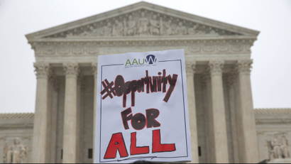 Protest sign in support of affirmative action outside of the Supreme Court.