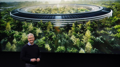 Apple CEO Tim Cook, discusses the new Apple campus at an event to announce new products at Apple headquarters Monday, March 21, 2016, in Cupertino, Calif. (AP Photo/Marcio Jose Sanchez)