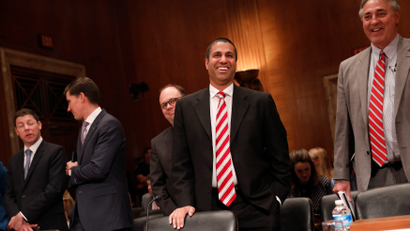 Ajit Pai, Chairman of the Federal Communications Commission, arrives to testify before a Senate Appropriations Financial Services and General Government Subcommittee on Capitol Hill in Washington