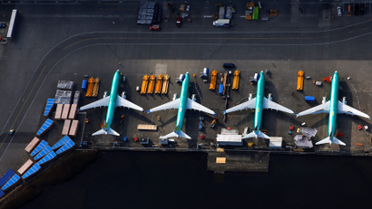 An aerial photo shows Boeing 737 MAX airplanes parked on the tarmac at the Boeing Factory in Renton, Washington, U.S. March 21, 2019.