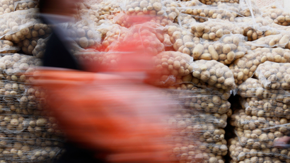An Ultra-Orthodox Jewish man carries a bag of food as he walks past piles of potatoes that are distributed to large families for free, in a special market in preparations for the upcoming Passover holiday in Jerusalem, Wednesday, March 24, 2010. The week-long festival which commemorates the exodus of the ancient Hebrews from Egypt begins on March 29. (AP Photo/Ariel Schalit)