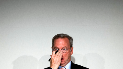 Google Executive Chairman Eric Schmidt adjusts his spectacles during a meeting about the "right to be forgotten" in Madrid, Sept. 9, 2014. Google Chairman Eric Schmidt and privacy and freedom of information experts are holding the first of seven public sessions to help the company define a new "Right to be Forgotten" established by the European Union's top court and when it should take down search result links about citizens claiming information about them is irrelevant or obsolete.