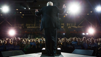 Democratic presidential candidate, Sen. Bernie Sanders, I-Vt. speaks during a campaign stop at the University of New Hampshire Whittemore Center Arena, Monday, Feb. 8, 2016, in Durham, N.H.