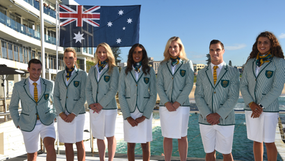 Australian Olympic team members (L-R) Josh Dunkley-Smith (rowing), Lou Bawden (beach volleyball), Kaarle McCulloch (cycling), Taliqua Clancy (beach volleyball), Annette Edmondson (cycling), Ed Jenkins (Rugby 7's) and Jessica Fox (canoe slalom), wear the Australian Olympic team Opening Ceremony uniform for the Rio 2016 Olympic Games for the first time at Bondi Iceberg's swimming pool in Sydney on March 30, 2016. / AFP / PETER PARKS / --IMAGE RESTRICTED TO EDITORIAL USE - STRICTLY NO COMMERCIAL USE-- (Photo credit should read PETER PARKS/AFP/Getty Images)