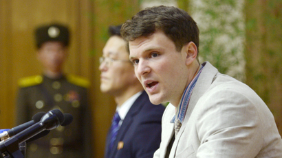 Otto Frederick Warmbier, a University of Virginia student who has been detained in North Korea since early January, attends a news conference in Pyongyang, North Korea, in this photo released by Kyodo February 29, 2016.