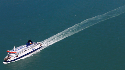 FILE PHOTO: An aerial view shows a P&amp;O ferry sailing from Calais to England, northern France