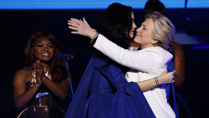 U.S. Democratic presidential nominee Hillary Clinton reacts on stage with singer Katy Perry during a campaign concert and rally in Philadelphia, Pennsylvania, U.S., November 5, 2016. REUTERS/Lucas Jackson - RTX2S3JT