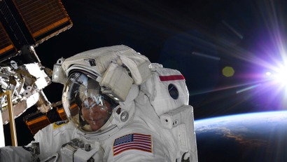 NASA astronaut Anne McClain during a spacewalk in this social media photo from the International Space Station.