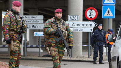 Soldiers guard Brussels airport today.