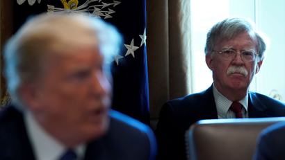 National Security Adviser John Bolton listens as U.S. President Donald Trump holds a cabinet meeting at the White House in Washington, U.S., April 9, 2018.
