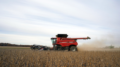 Soybeans are harvested from a field on Hodgen Farm in Roachdale, Indiana, U.S.