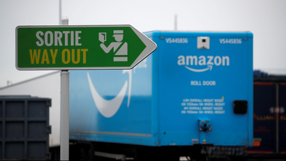 Amazon trailer trucks are seen at Cherbourg Harbour, France