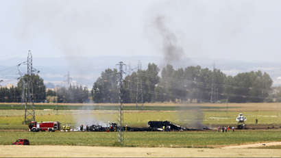 The remains of an Airbus A400M after crashing in a field near Seville on May 9.