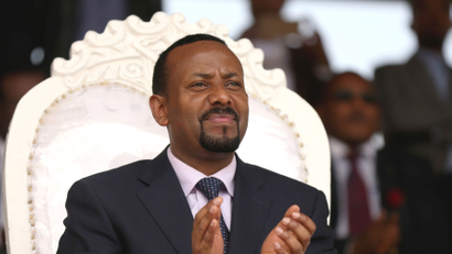 Ethiopia's newly elected prime minister Abiy Ahmed attends a rally during his visit to Ambo in the Oromiya region, Ethiopia April 11, 2018.