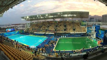 The Olympic diving pool, which turned green because of an algae bloom.