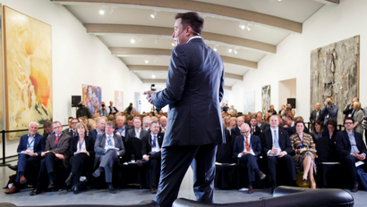 CEO of Tesla Motors Elon Musk speaks at an environmental conference at Astrup Fearnley Museum in Oslo, Norway April 21, 2016.