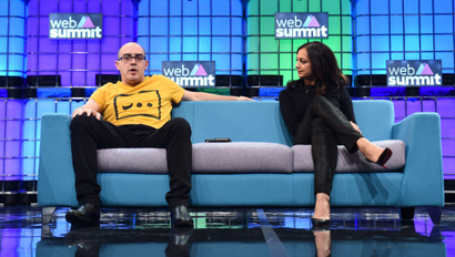 4 November 2015; Dave McClure, Founder, 500 Startups, and Jalak Jobanputra, Founding Partner, FuturePerfect Ventures, on the Centre Stage during Day 2 of the 2015 Web Summit in the RDS, Dublin, Ireland. Picture credit: Stephen McCarthy / SPORTSFILE / Web Summit