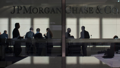 The lobby of JPMorgan headquarters is photographed through its front doors in New York.