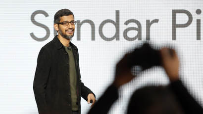 Google CEO Sundar Pichai takes the stage during the presentation of new Google hardware