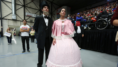 Trump supporters dressed as Lincoln and his wife.