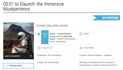 A screenshot of the Edinburgh Fringe website showing the show listing for "00:01 to Elaunch: the Immersive Muskperience"