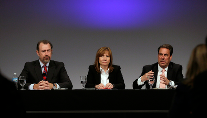 General Motors President Dan Ammann, left, CEO Mary Barra, and Executive Vice President Mark Reuss, hold a press conference at the General Motors Technical Center in Warren, Mich., Thursday, June 5, 2014. Barra said 15 employees — many of them senior legal and engineering executives — have been forced out of the company for failing to disclose a defect with ignition switches, which the company links to 13 deaths. Five other employees have been disciplined.