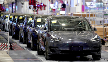 Teslas on the production line in Shanghai