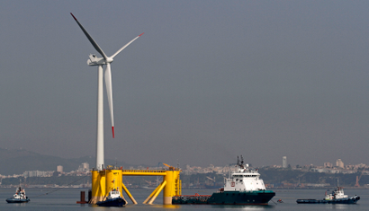 A floating wind turbine in Setubal bay, south of Lisbon.