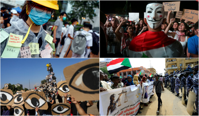 Clockwise from left, protests in Hong Kong, Lebanon, Sudan, and Chile.