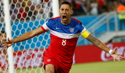 DATE IMPORTED:June 16, 2014Clint Dempsey of the U.S. celebrates after scoring their first goal during their 2014 World Cup Group G soccer match against Ghana at the Dunas arena in Natal June 16, 2014. REUTERS/Toru Hanai (BRAZIL - Tags: SOCCER SPORT WORLD CUP TPX IMAGES OF THE DAY) TOPCUP