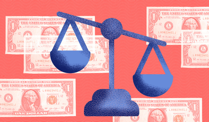 illustration of scales with dollar bills in the background