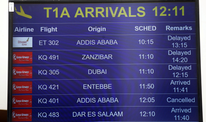 A flight information board displaying the details of Ethiopian Airlines Flight ET 302 is seen at the Jomo Kenyatta International Airport (JKIA) in Nairobi, Kenya March 10, 2019.