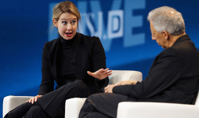 Elizabeth Holmes, founder and CEO of Theranos, speaks with Jonathan Krim, global technology editor at the Wall Street Journal, at the Wall Street Journal Digital Live (WSJDLive) conference at the Montage hotel in Laguna Beach, California, October 21, 2015. REUTERS/Mike Blake - RTS5HYI