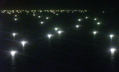 The light of boats on the water at night. Nearly 300 fishing boats, mostly from Japan, Taiwan, China, and Spain, harvest squid at night just outside the 200-mile limit of Argentine territorial waters in the Atlantic Ocean opposite the Patagonia region, February 14, 2001. Although these boats are fishing legally in international waters, their use of powerful lights to attract squid worth hundreds of millions of dollars from across the limit in Argentine waters has officials worried about the harm done to the local fishing industry.