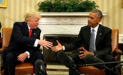 U.S. President Barack Obama meets with President-elect Donald Trump in the Oval Office of the White House in Washington November 10, 2016.
