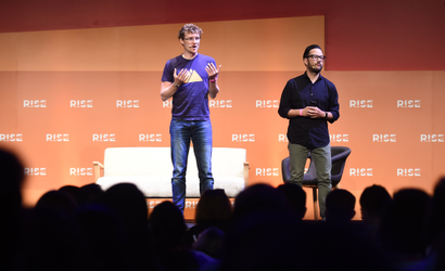 11 July 2017; ; Paddy Cosgrave, left, Co-Founder &amp; CEO, RISE &amp; Web Summit, and Casey Lau, Founder of StartupsHK on stage during the opening day of RISE 2017 in Hong Kong. Photo by Stephen McCarthy / RISE / Sportsfile