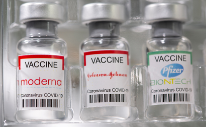 Vials of COVID-19 vaccines produced by Moderna, Johnson & Johnson, and Pfizer-BioNTech
