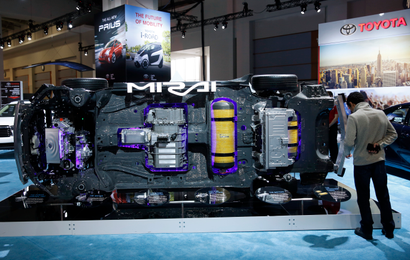 The underside components of a Toyota Mirai hydrogen fuel cell vehicle